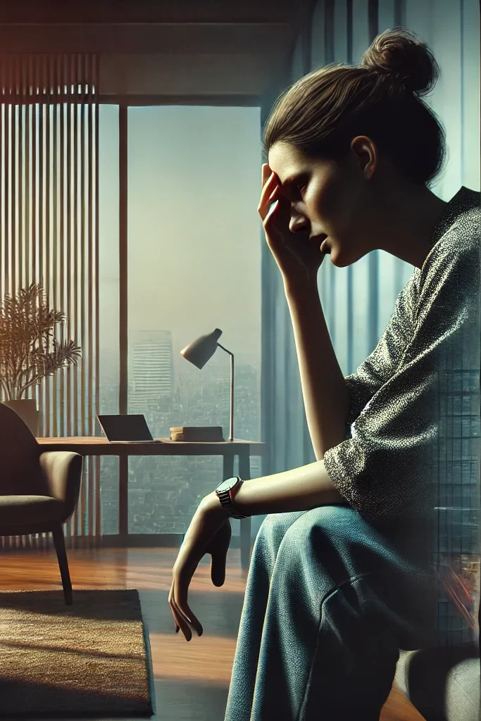 A hyper-realistic depiction of a modern woman experiencing deep regret due to past bad choices. She is sitting alone in a dimly lit apartment, her face showing visible sorrow and contemplation. Her posture is slouched, with one hand covering her face while the other rests on her lap. The room is slightly disorganized, symbolizing her inner turmoil. A cityscape is visible through a window in the background, suggesting a longing for a different past. The overall mood is heavy with emotion, capturing the essence of regret and reflection.