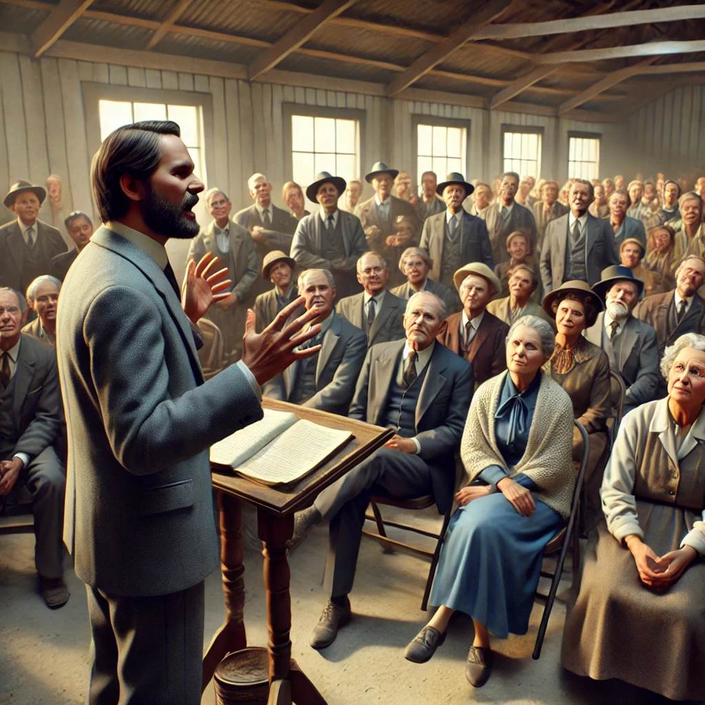 A hyper-realistic depiction of a man passionately preaching to a group of people. The preacher, dressed in simple but dignified attire, stands in front of a small crowd with his hands raised, emphasizing his message. The audience consists of men and women of various ages, attentively listening with expressions of curiosity, reflection, and conviction. The setting is an outdoor space or a modest indoor gathering, with warm natural lighting that adds to the atmosphere of spiritual engagement and inspiration.