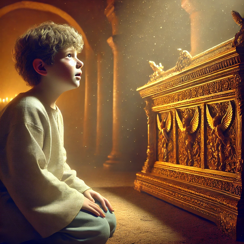 A hyper-realistic depiction of young Samuel hearing from God beside the Ark of the Covenant. Samuel, a young boy with humble clothing, is kneeling near the Ark in a dimly lit temple. His expression is one of awe and attentiveness as he listens to the divine voice. A soft, warm light surrounds him, symbolizing God's presence. The Ark of the Covenant, adorned with golden cherubim, glows faintly in the background. The atmosphere is reverent and filled with a sense of divine encounter.