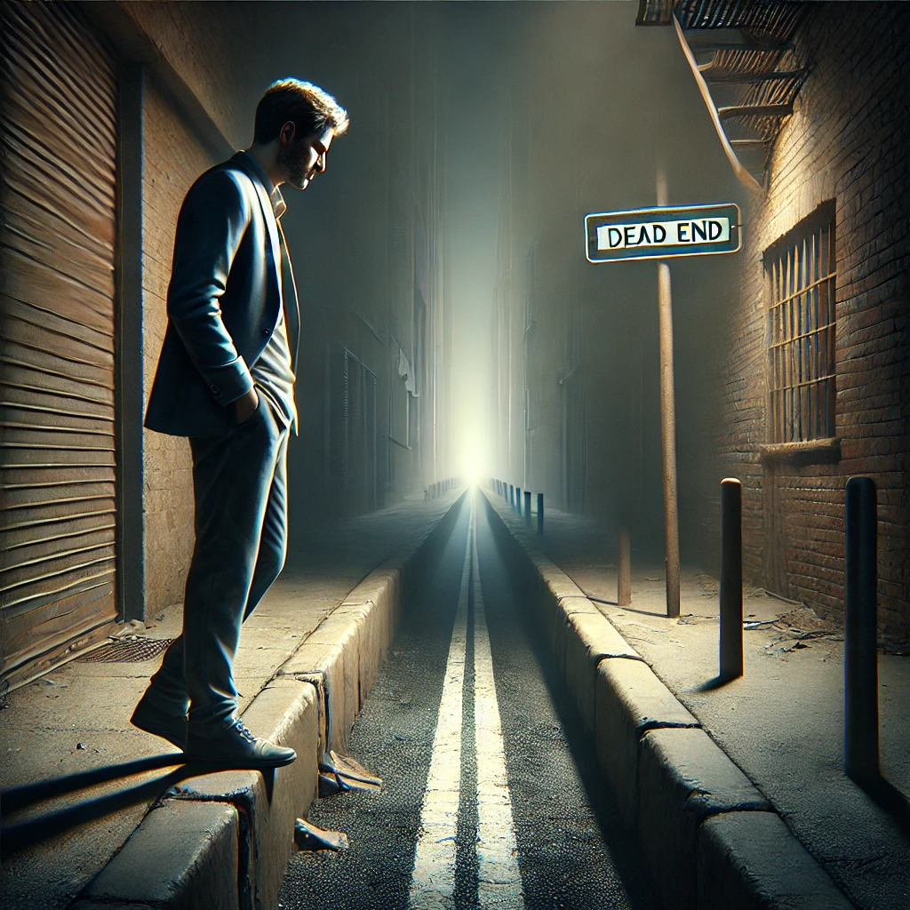 A hyper-realistic depiction of a man at a dead end, symbolizing struggle and despair. The man stands at the edge of a blocked road or an alley with no exit, his posture slouched in frustration and hopelessness. His face shows deep contemplation and worry, as if searching for a way forward. The environment is dark and moody, with dim lighting casting long shadows, emphasizing the sense of being trapped. The overall atmosphere reflects a moment of crisis and the need for direction.