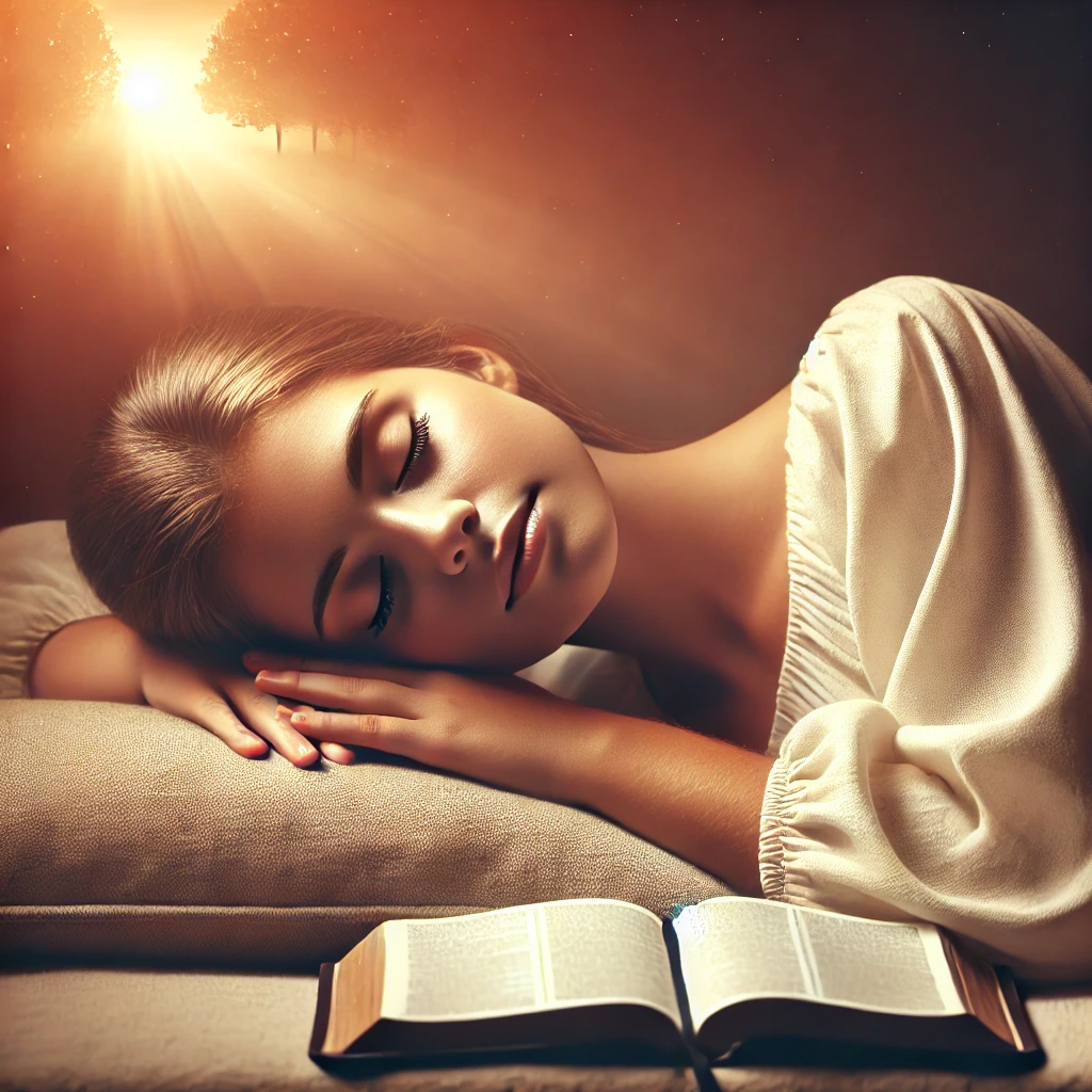 A modern-day depiction of a young woman peacefully sleeping while resting on an open Bible, symbolizing trust and security in God's word. She is lying on a soft surface, with a serene expression, as warm, gentle light surrounds her, representing divine presence. The atmosphere is calm and safe, illustrating the comfort and peace found in relying on God's promises. The Bible is open beside her, emphasizing that her rest comes from faith and trust in God's guidance.