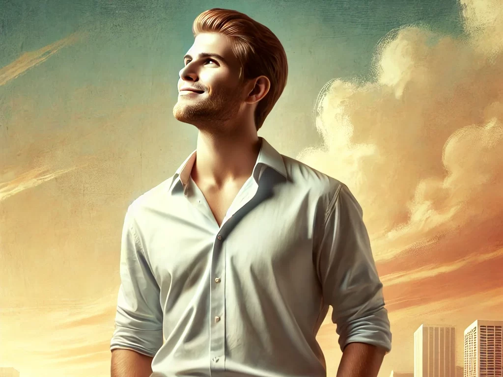 A modern-day depiction of a fulfilled man who loves God. He stands confidently with a peaceful and joyful expression, looking up with gratitude. His posture is relaxed yet strong, symbolizing inner contentment and faith. He wears casual yet neat clothing, fitting a modern lifestyle. The background features a warm and serene environment, such as a sunrise in a cityscape or a nature setting, symbolizing divine presence and blessings. The overall atmosphere radiates fulfillment, faith, and a deep connection with God.